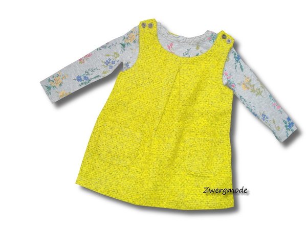 Next - Kombi Outfit Strickkleid + Langarmshirt grau gelb Flowers Gr. 68-74